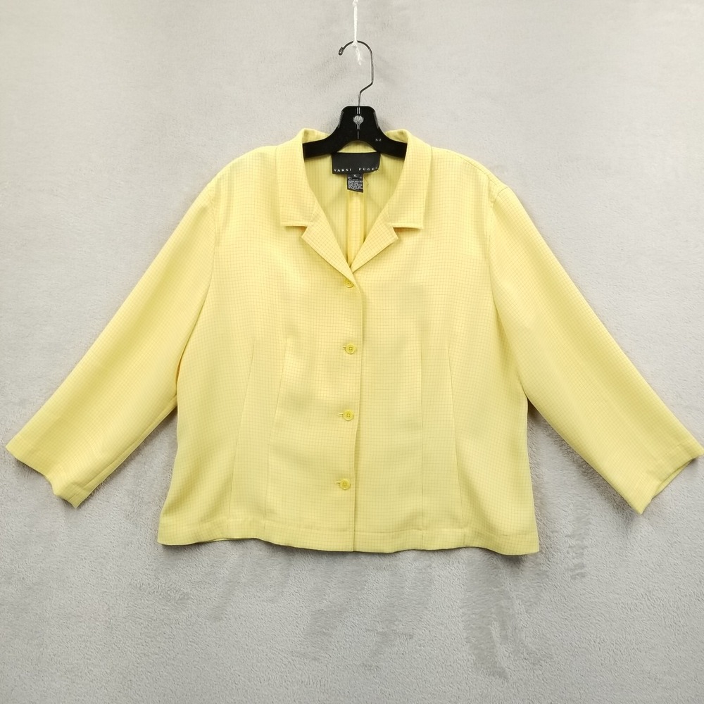 Yansi Fugel Jacket Women XL Yellow Check Button Long Sleeve Lightweight Blazer